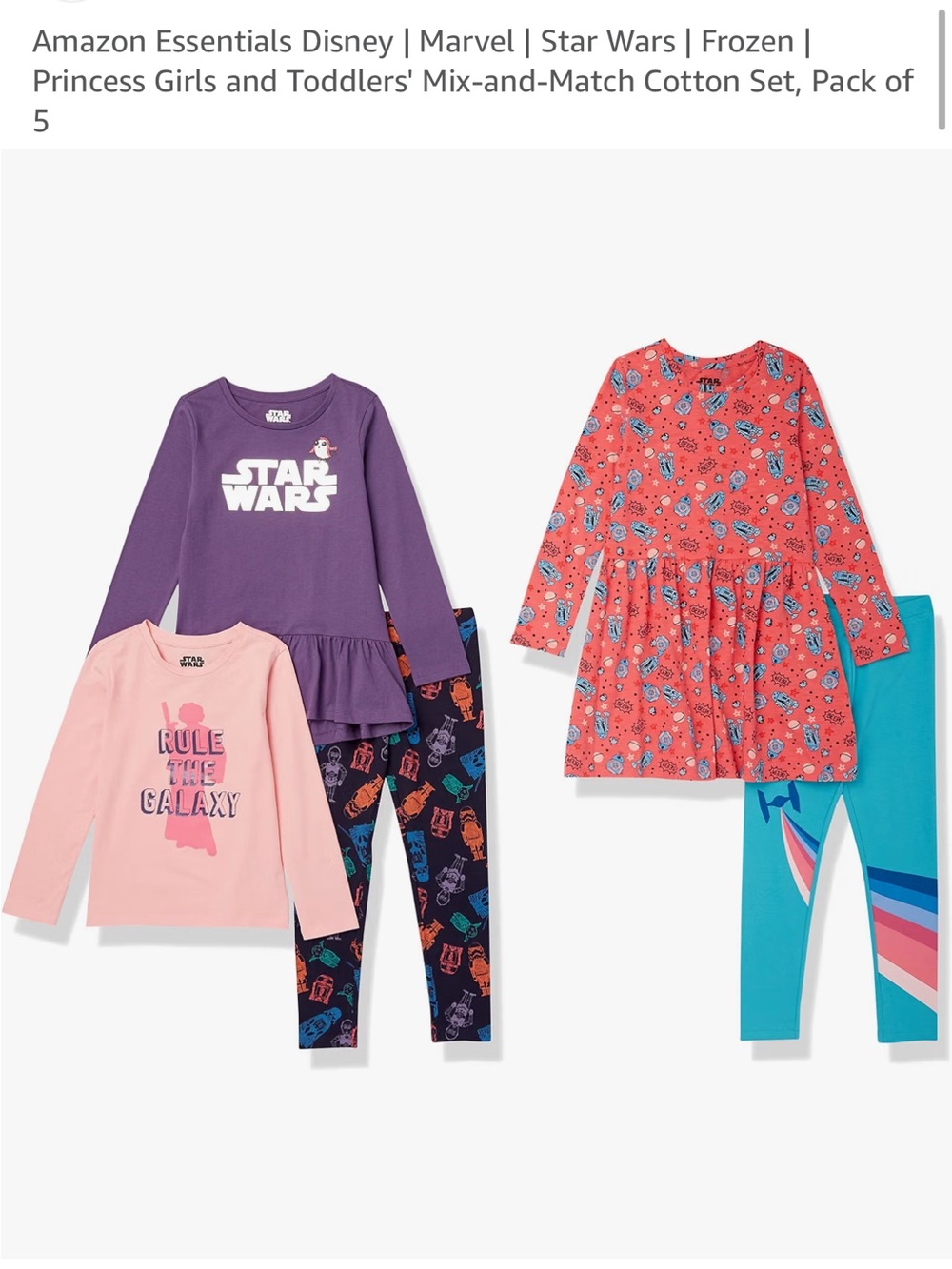 Amazon Essentials Disney Star Wars Toddler/Girls Mix & Match 5 piece clothes set